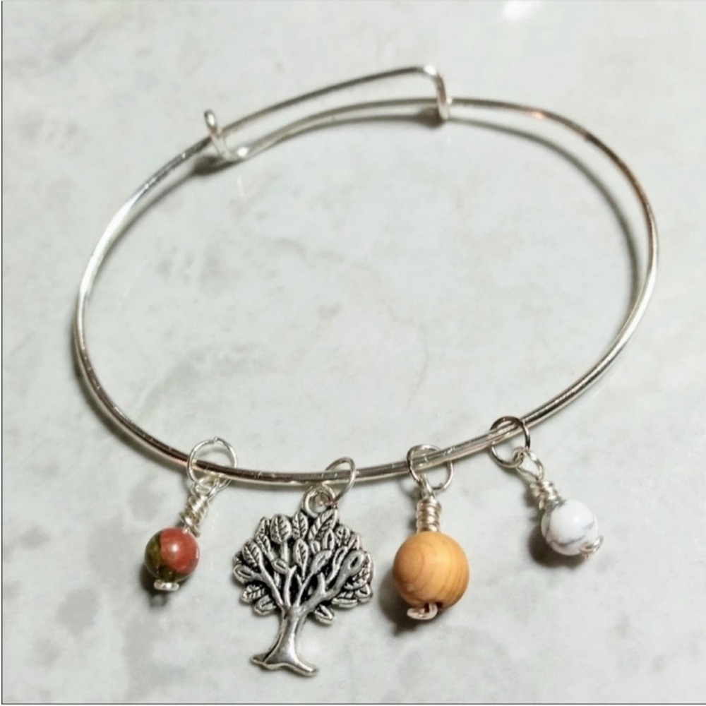 Silver Charm Oval Adjustable Bracelet with Tree and Beads
